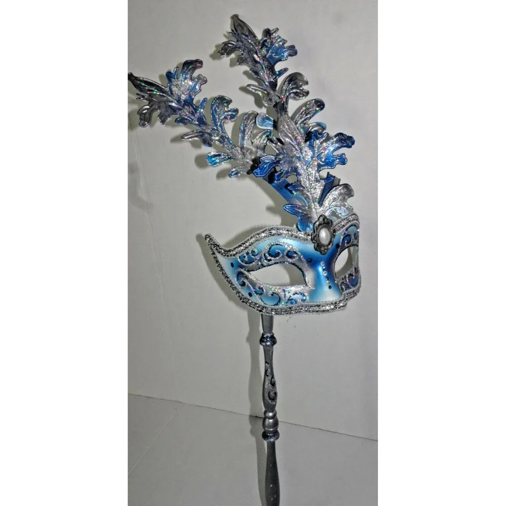 Beautiful Venetian Hand Painted Mask Venice Blue Masquerade with Handle Dated